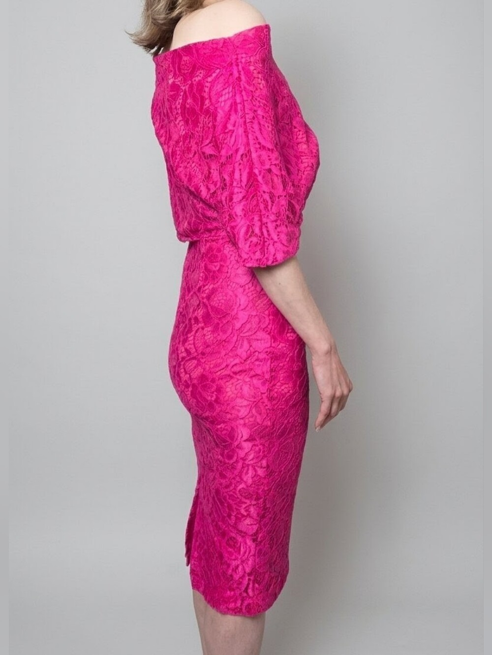 Alexia Admor Tayla Draped Off-Shoulder Asymmetrical Lace Midi Dress Pink Xs Euc — image 4 of 8
